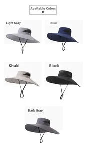 Détail de chapeaux de soleil outdoor avec large bord, maille respirante et cordon réglable