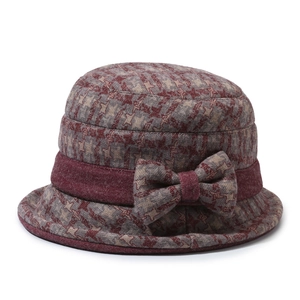Vintage burgundy plaid wool cloche hat for women featuring a side bow decoration