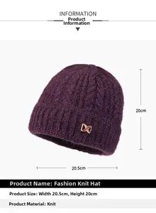 Detailed knit texture and dimensions of dark purple winter wool hat with M metal buckle