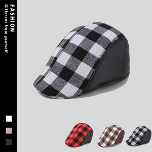 Retro British Plaid Flat Cap For Men Vintage Checked Duckbill Hat With PU Leather Stitching Winter Warm Beret Newsboy Cap