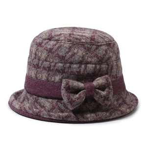 Women's plaid wool bucket hat in dark red and grey with a bow accent and round top design