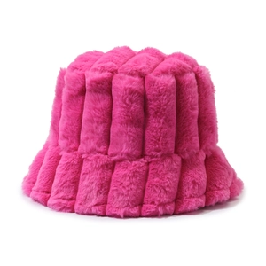Thick warm rose pink faux fur bucket hat with vertical striped texture for winter