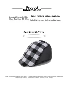 Detail of black and white plaid flat cap with leather trim and 56-59cm size specification