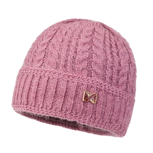 Pink cable knit winter hat with warm lining and decorative golden bow metal emblem