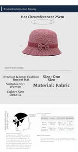 Size chart for women floral bucket hat with bow detail and head measurement guide