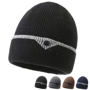 Winter Warm Knit Beanie Hat For Men Women Retro Polyester Ribbed Beanie With Button Decoration Contrast Stripe Ski Cap