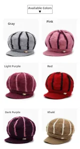 Detail view of winter knitted visor beanies in six colors with soft fleece texture