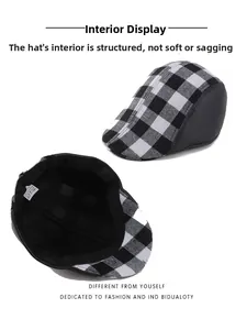 Detail view of the black and white buffalo check flat cap with leather trim and inner lining