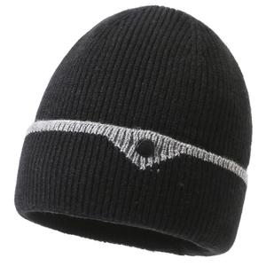 Detail of ribbed knit beanie with grey contrast stripe and circular embossed logo