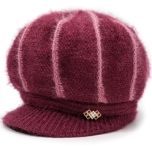 Women's burgundy knit beanie with fleece lining, jacquard stripes and crystal buckle
