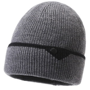Men's dark grey ribbed knit beanie hat with fleece lining and side button detail
