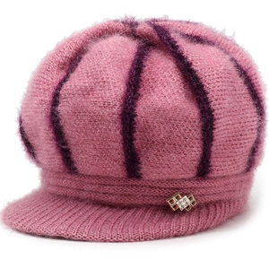 Pink fleece knit newsboy hat with purple stripes and rhinestone metal buckle