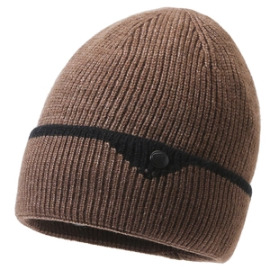 Winter thermal knit beanie in dark brown with black stripes and button detail