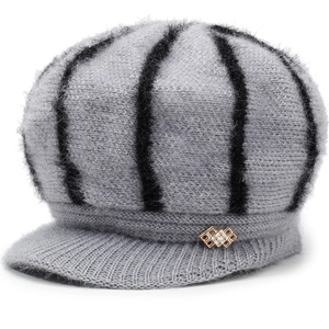 Winter striped knit newsboy hat with fleece lining and gold decorative buckle