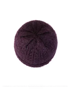 Top view of deep purple knitted hat showing warm fleece texture and jacquard pattern