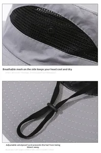 Détail du chapeau gris montrant le filet respirant, le bouton-pression et le cordon réglable