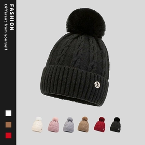 Women Winter Cable Knit Beanie Hat With Faux Fur Pom Pom Fleece Lined Warm Slouchy Ski Cap Rhinestone Letter Logo Decor