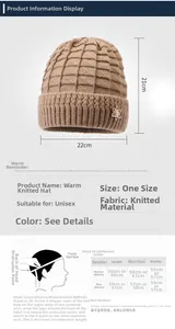 Size chart detail showing 21cm height and 22cm width for a warm knitted winter hat