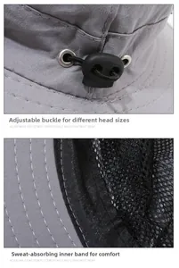 Détail du chapeau gris avec boucle de serrage réglable et bandeau anti-sueur respirant