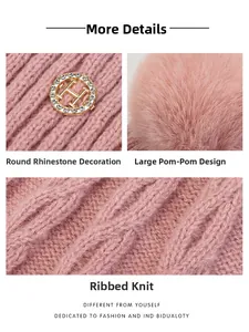 Detail of pink knit beanie showing pom-pom, cable knit texture, and rhinestone H-logo