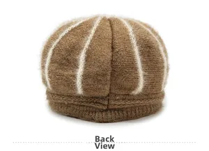 Back view of brown and white striped knit beanie with thick fleece lining