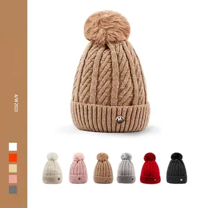 Women Winter Warm Knitted Beanie Hat With Faux Fur Pom Pom Cable Knit Fleece Lined Outdoor Fashion Solid Color Skull Cap