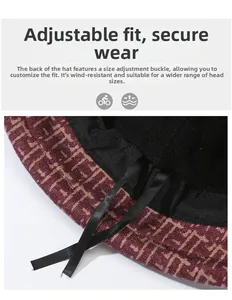 Detail of adjustable inner strap for winter bucket hat with retro geometric pattern