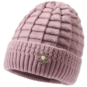 Pink winter knit beanie with thermal fleece lining and pearl flower decoration for women