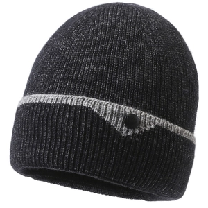 Classic black fleece-lined knit beanie with grey stripe and warm ear protection design