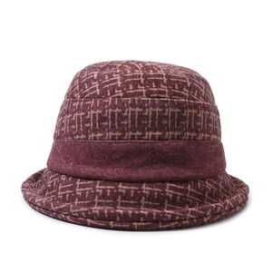 Winter knitted cloche hat for elderly women with burgundy geometric jacquard pattern