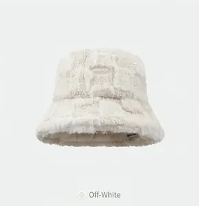 Minimalist checkered lamb wool bucket hat in beige fleece with Immune embroidery for winter