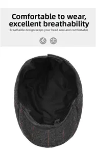Detail of herringbone wool beret showing breathable black fabric lining and inner stitching
