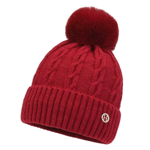 Women's dark red cable knit beanie with large faux fur pompom and rhinestone H badge