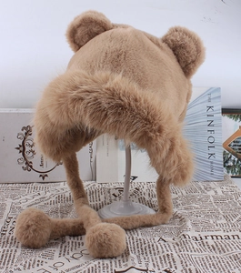 Mignon Bonnet Ouchanka en Peluche Oreilles d'Ours pour Femmes Chapeau de Trappeur Chaud en Fausse Fourrure de Polyester