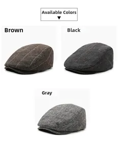 Vertical display showing brown, black and grey herringbone textured flat caps