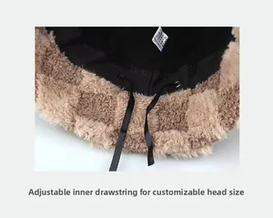 Detail of checkered sherpa bucket hat showing adjustable inner drawstring and lining