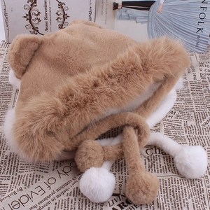 Bonnet d'hiver en peluche camel avec oreilles d'ours protège-oreilles et pompons