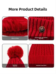 Detail view of red knitted beanie with plush lining and golden metal buckle decor