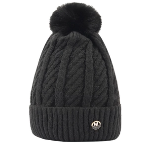 Winter black cable knit beanie for women with faux fur pom pom and metal logo