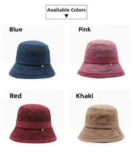 Detail view of four-color plaid wool fedora hats for women in blue pink red and khaki