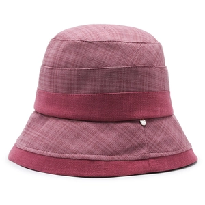 Women's bean paste red plaid wool bucket hat with decorative metal buckle on white background