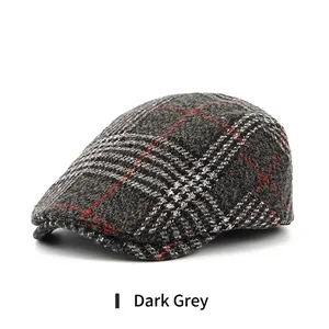Classic British style dark grey wool plaid flat cap for men and women with vintage pattern