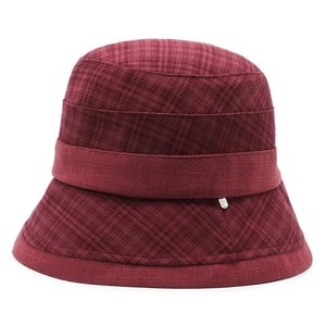Women's burgundy wool plaid cloche bucket hat with round metal detail for autumn