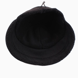 Detail of warm black fleece lining and adjustable drawstring inside the bucket hat