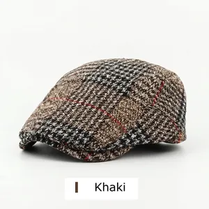 Classic khaki plaid wool beret cap for men and women featuring vintage British style