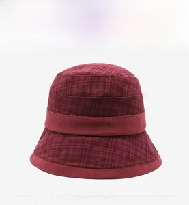 Close-up of wine red plaid wool blend cloche hat for middle-aged women's autumn fashion
