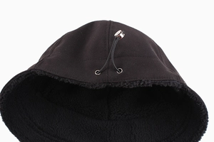 Detail of black winter bucket hat with warm fleece lining and adjustable drawstring cord