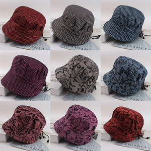 Vintage Floral Plaid Bucket Hat For Elderly Women Adjustable Lightweight Sun Hat Polyester Fisherman Cap Outdoor Hat