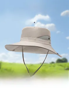 Detail of wide brim sun hat with grey breathable mesh and adjustable windproof cord