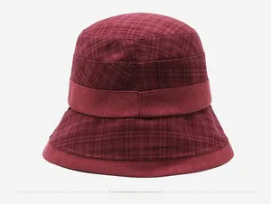 Detailed back view of a wine red plaid wool bucket hat for middle-aged women
